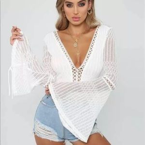 Tiger Mist white lace bell sleeve body suit bodysuit